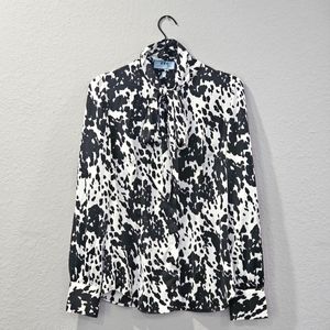 Hawes & Curtis Fitted Speckled Satin Pussybow Blouse - Black and White - UK 12